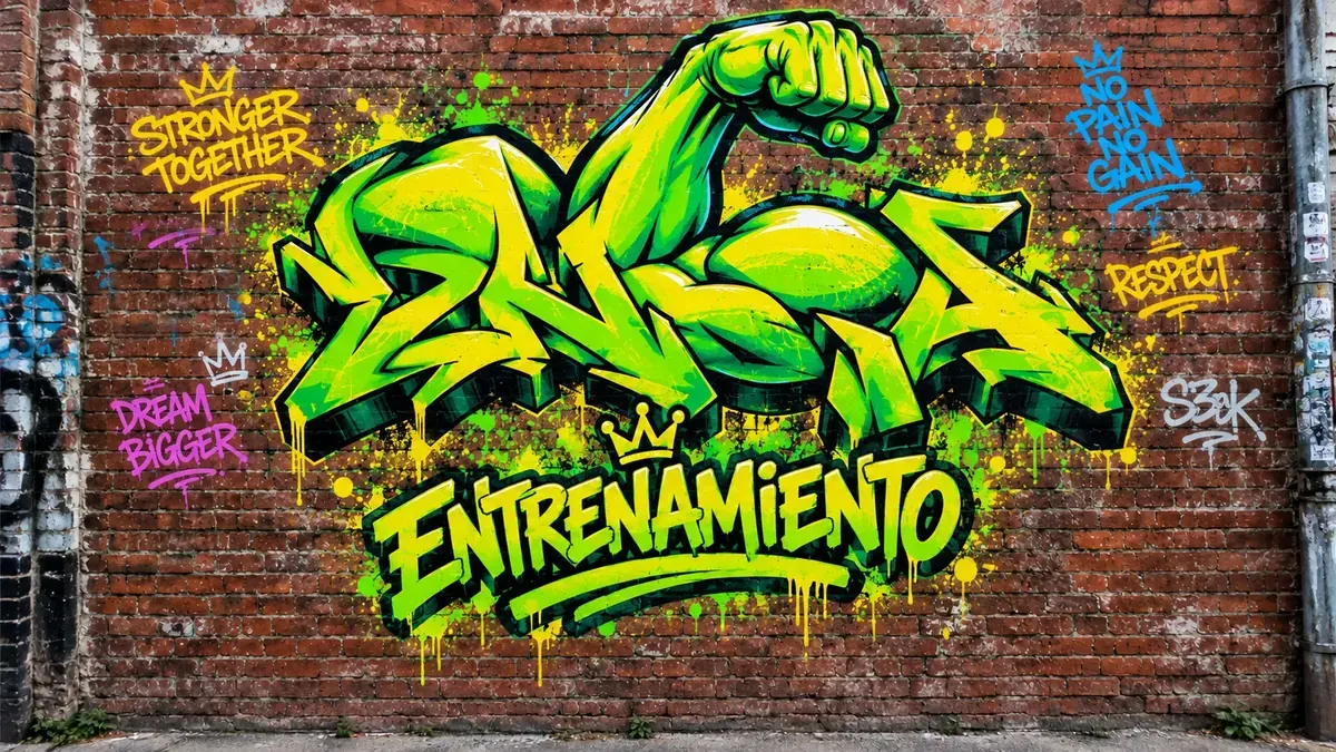 Mural de grafiti sobre pared de ladrillo con el nombre de la categoría entrenamiento