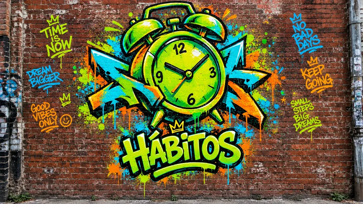 Mural de grafiti sobre pared de ladrillo con el nombre de la categoría habitos