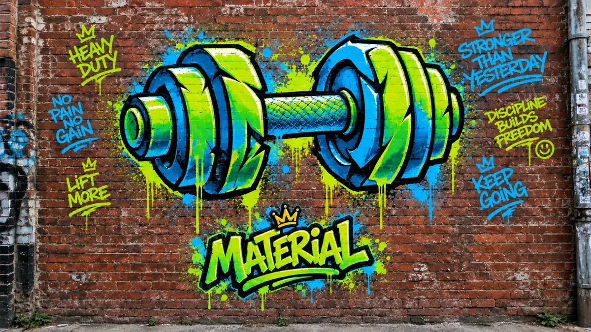 Mural de grafiti sobre pared de ladrillo con el nombre de la categoría material