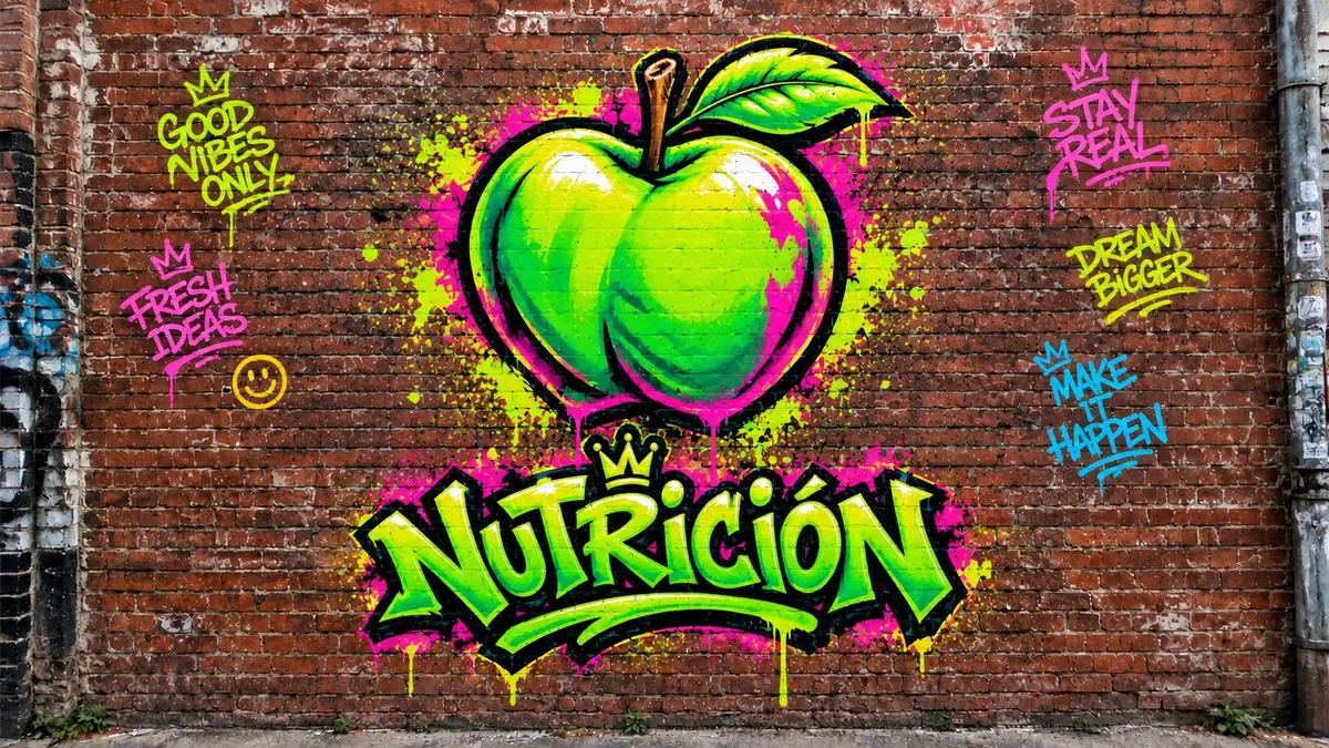 Mural de grafiti sobre pared de ladrillo con el nombre de la categoría nutricion